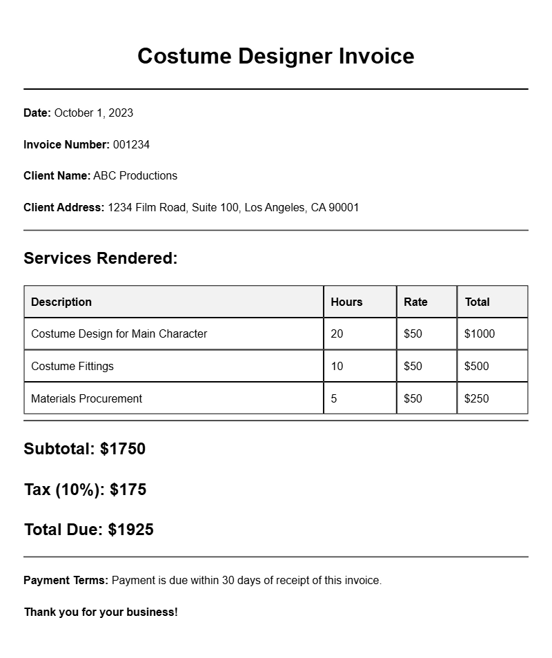 Costume Designer Invoice Samples for Your Creative Projects