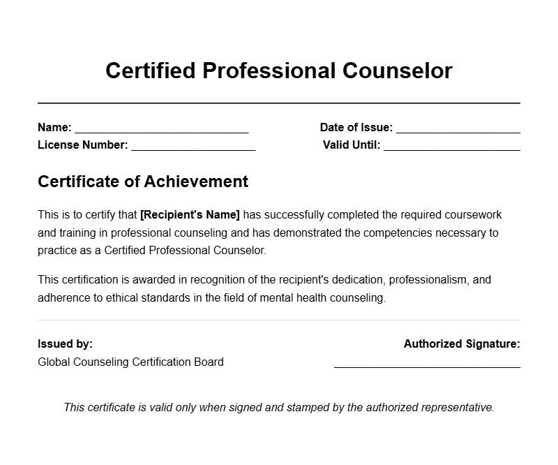 Counselor Certificate Templates for Professional Certification