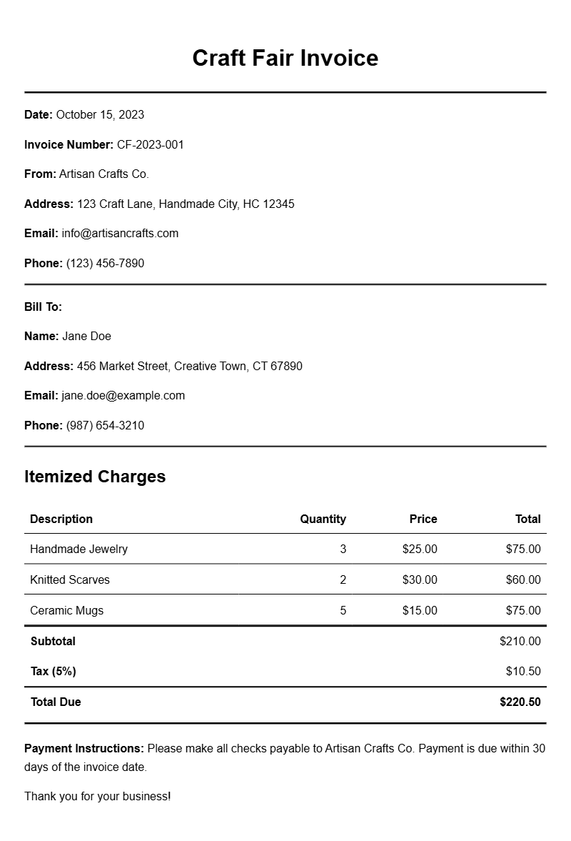 Craft Fair Invoice Samples for Easy Billing Solutions