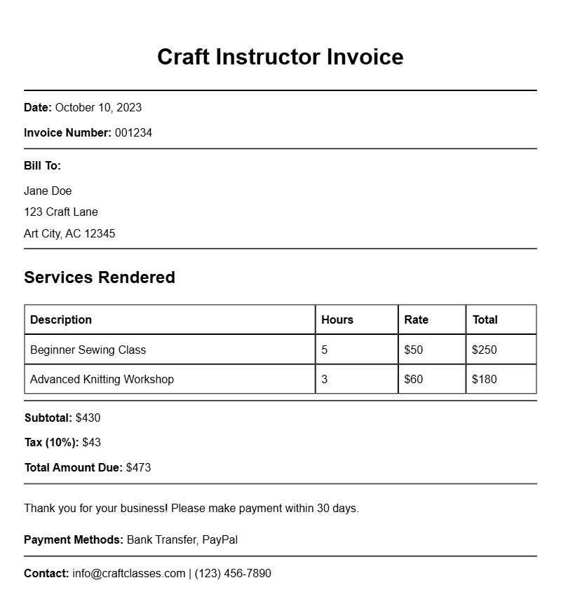 Craft Instructor Invoice Samples for Easy Billing