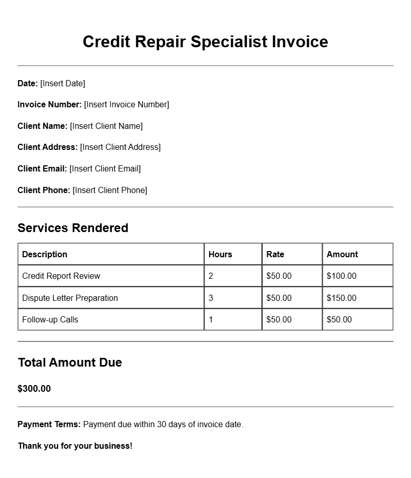 Credit Repair Specialist Invoice Templates for Professionals