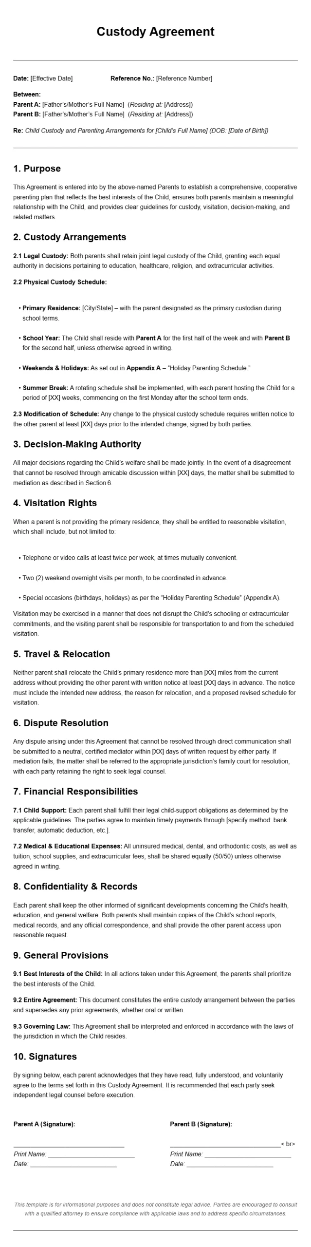 Free Custody Agreement Letter Templates