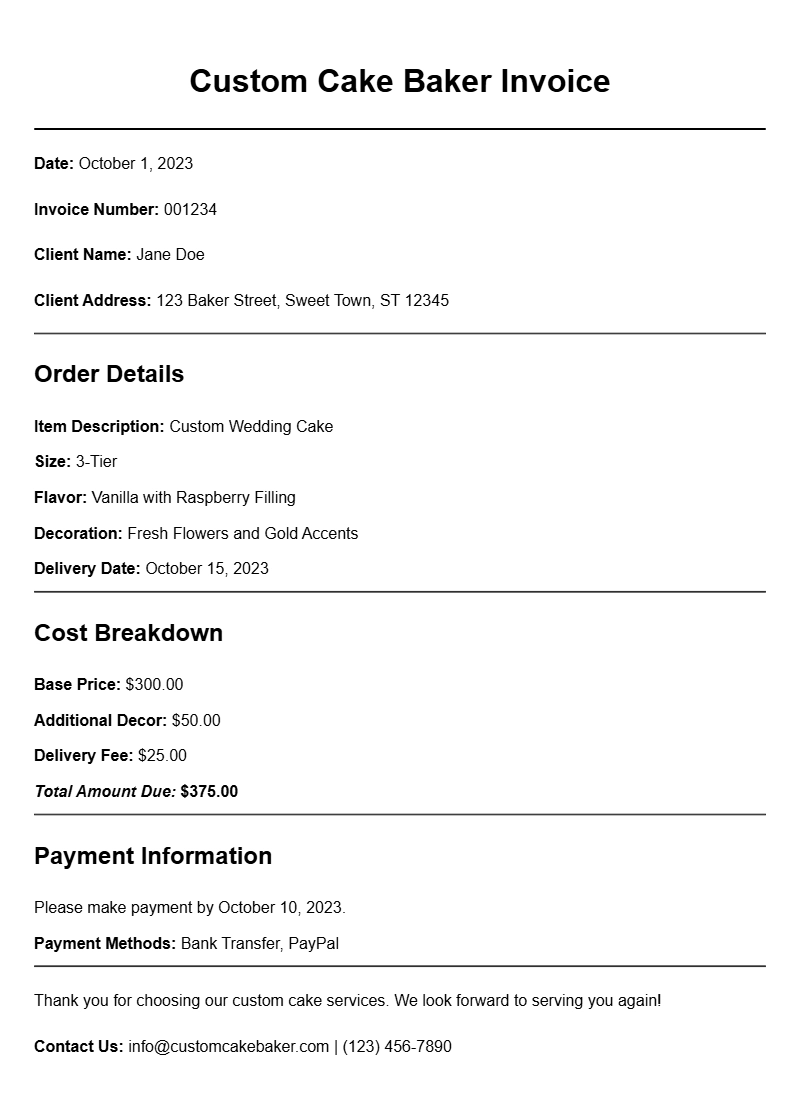 Custom Cake Baker Invoice Samples for Your Business Needs