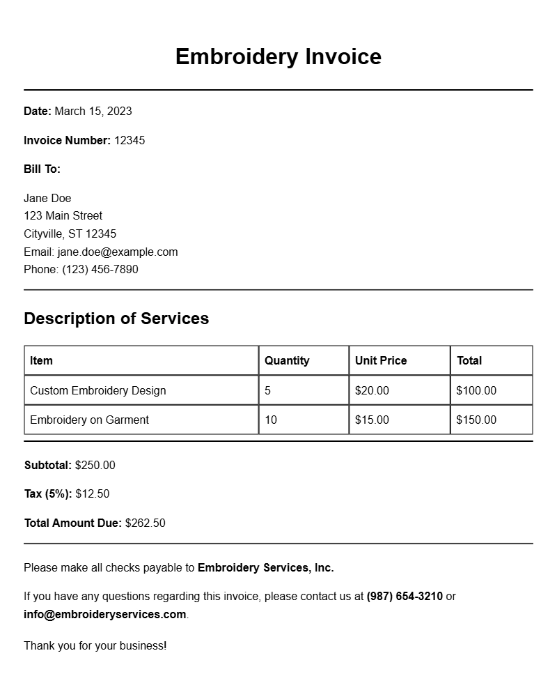 Custom Embroidery Invoice Templates for Your Business Needs