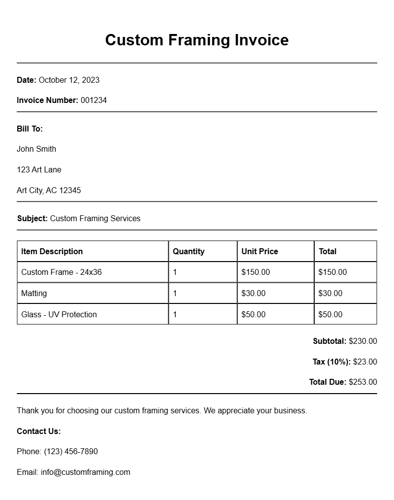 Custom Framing Invoice Samples for Your Business Needs
