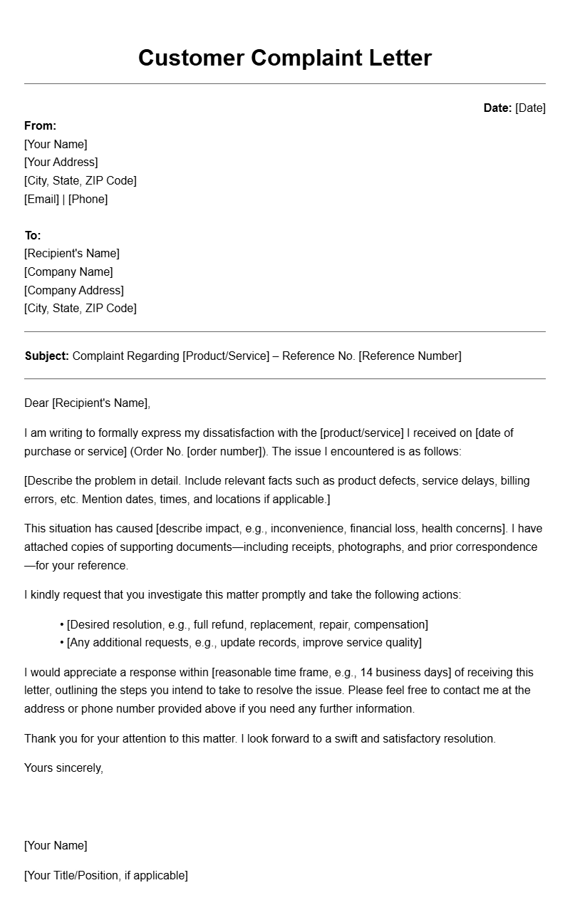 Customer Complaint Letter Templates