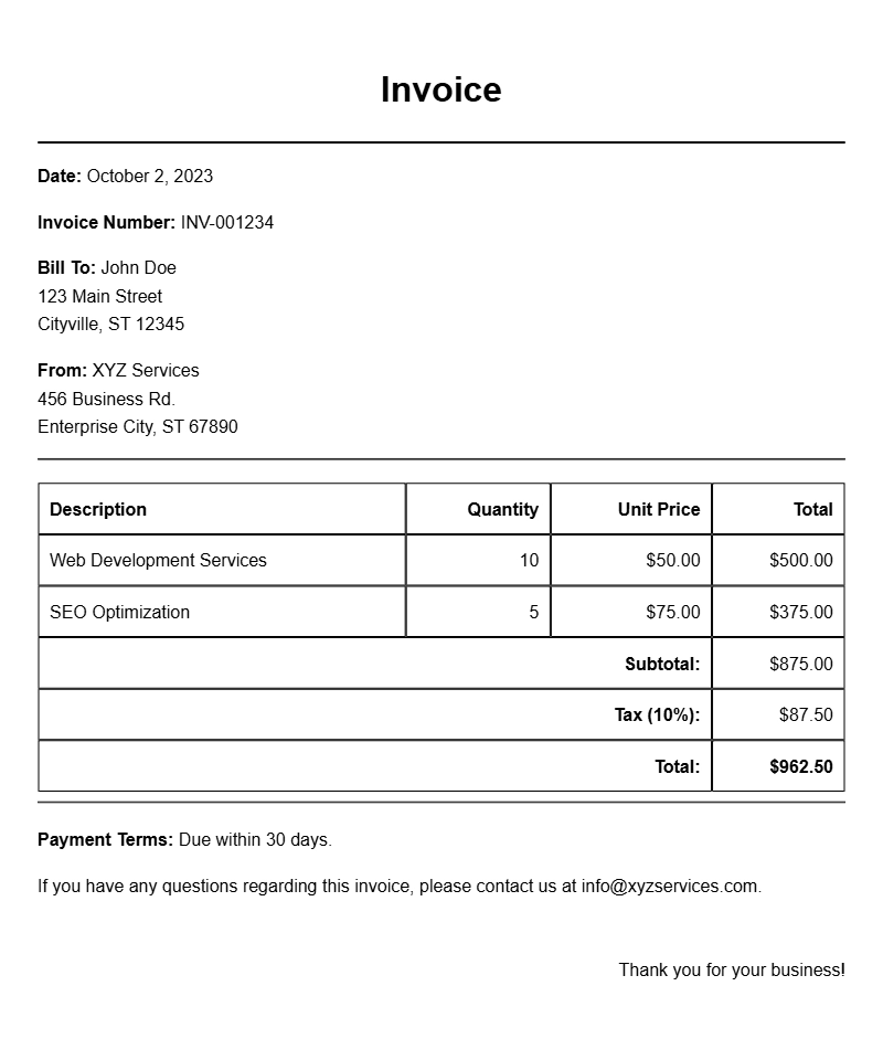 Daily Invoice Samples for Your Business Needs