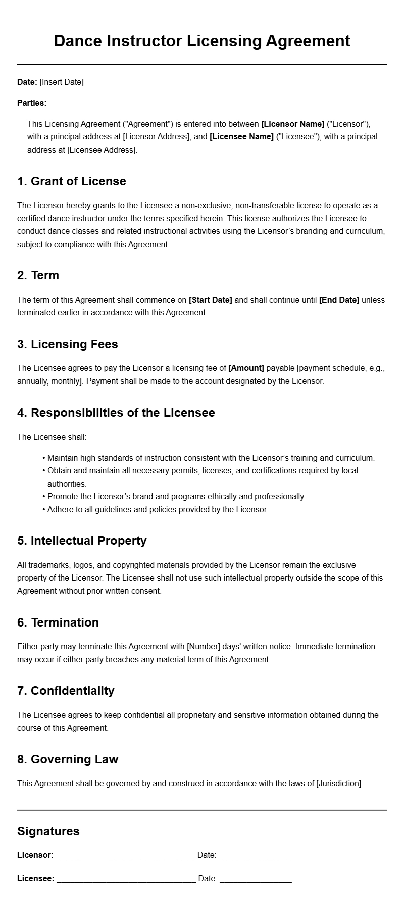 Dance Instructor Licensing Agreement Templates for Easy Use