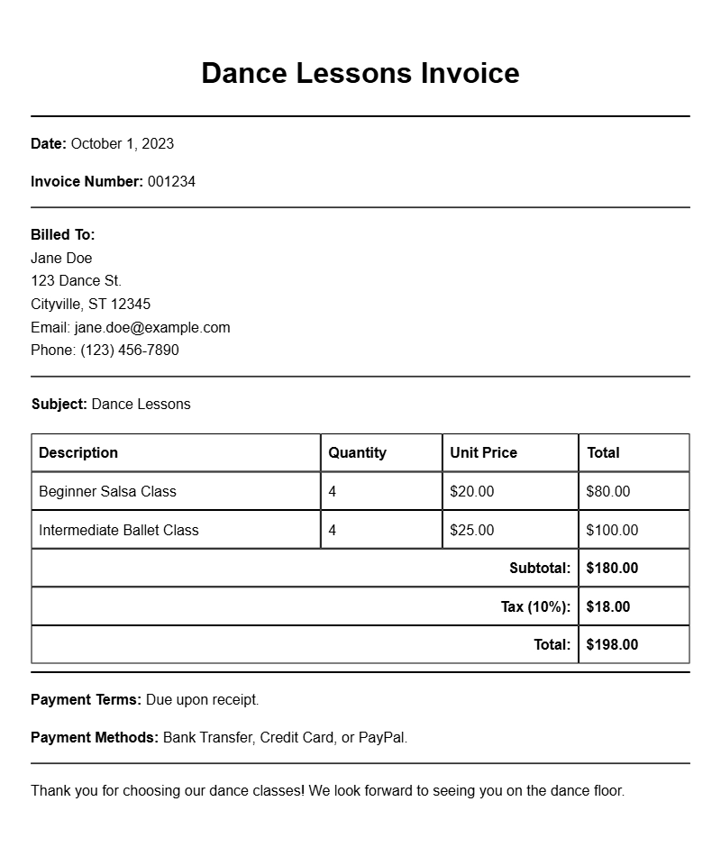 Dance Lessons Invoice Samples for Your Business Needs