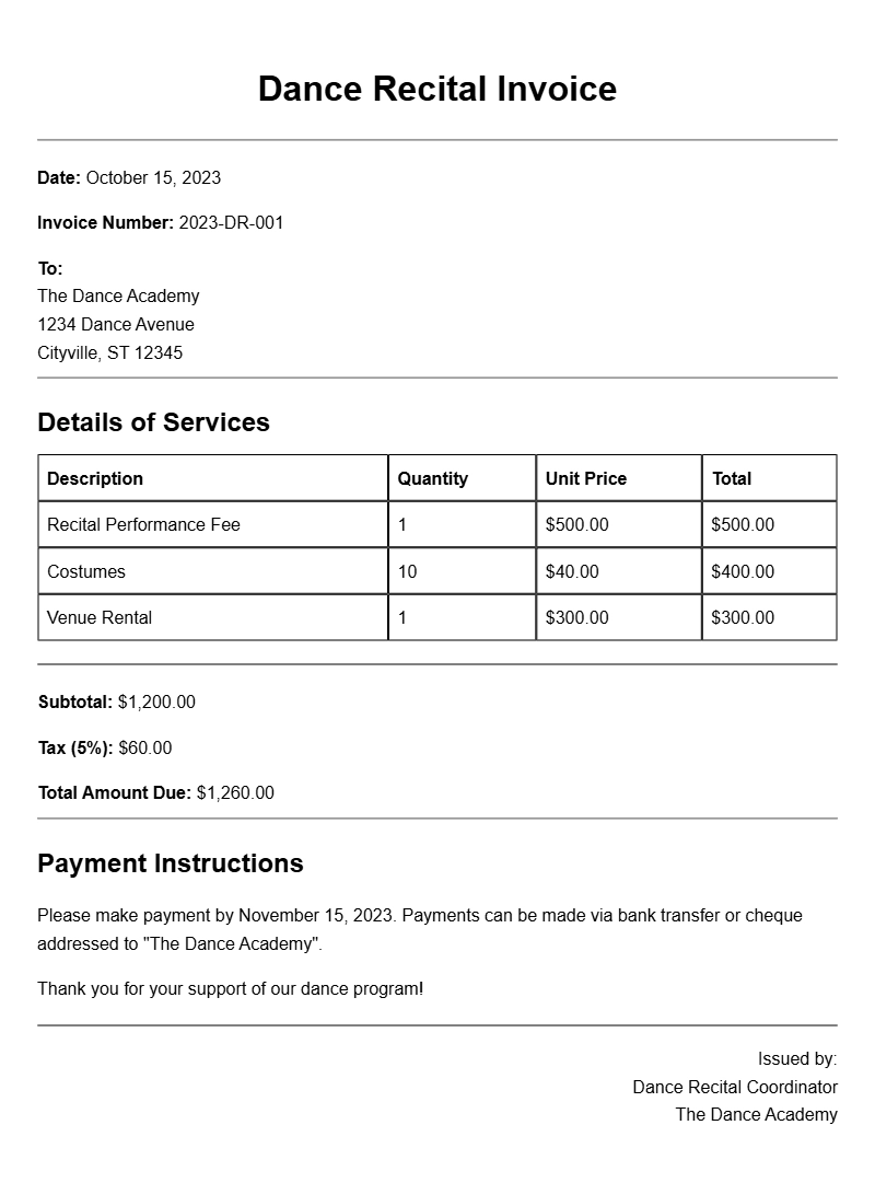 Dance Recital Invoice Samples for Easy Billing
