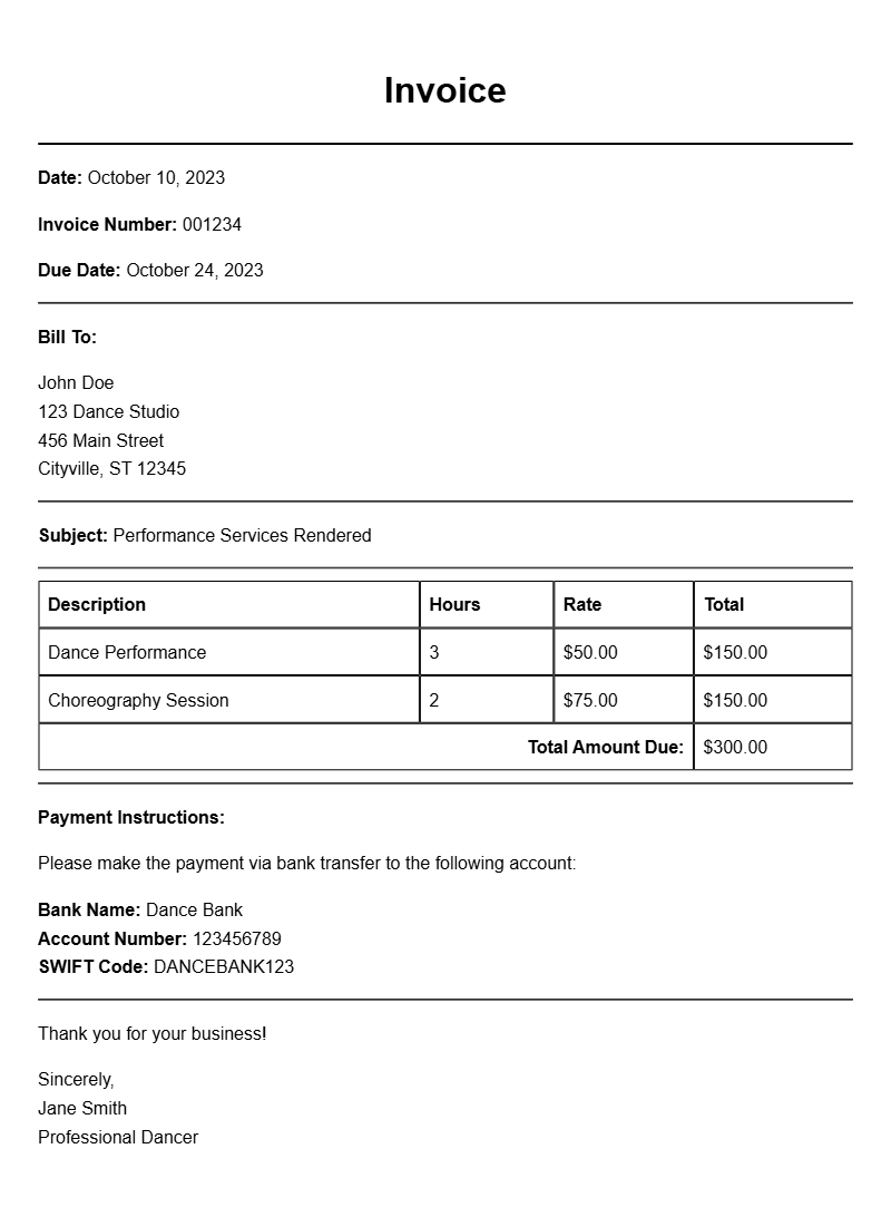 Dancer Invoice Samples for Easy Billing and Payments