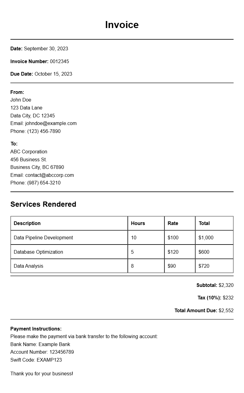 Data Engineer Invoice Templates for Seamless Billing