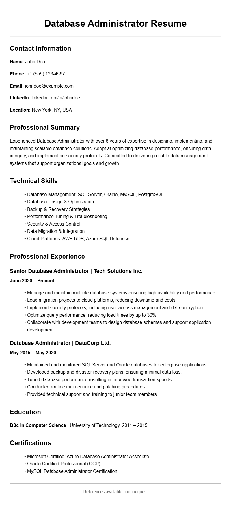 Professional Database Administrator Resume Templates for Success