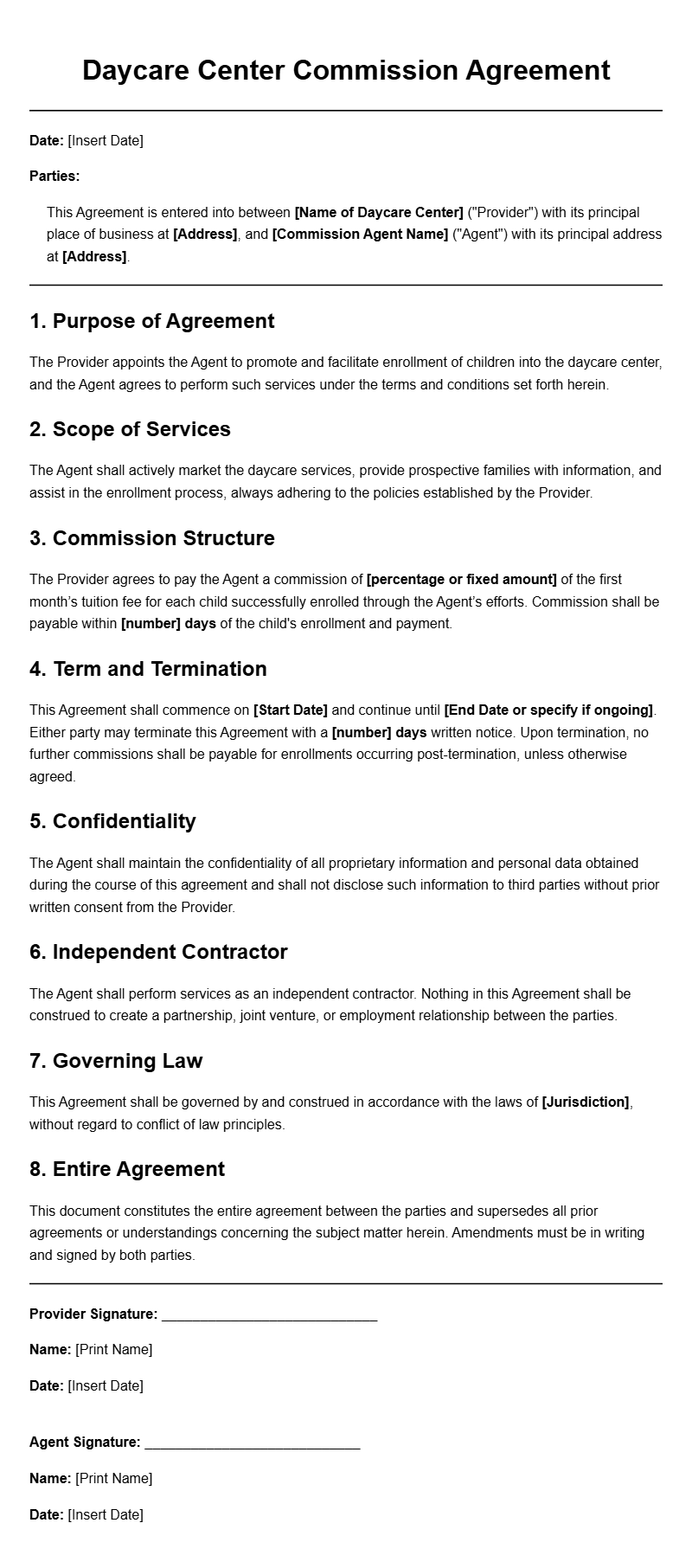 Download Free Daycare Center Commission Agreement Templates