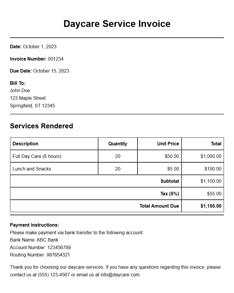 Daycare Service Invoice Samples for Your Business Needs