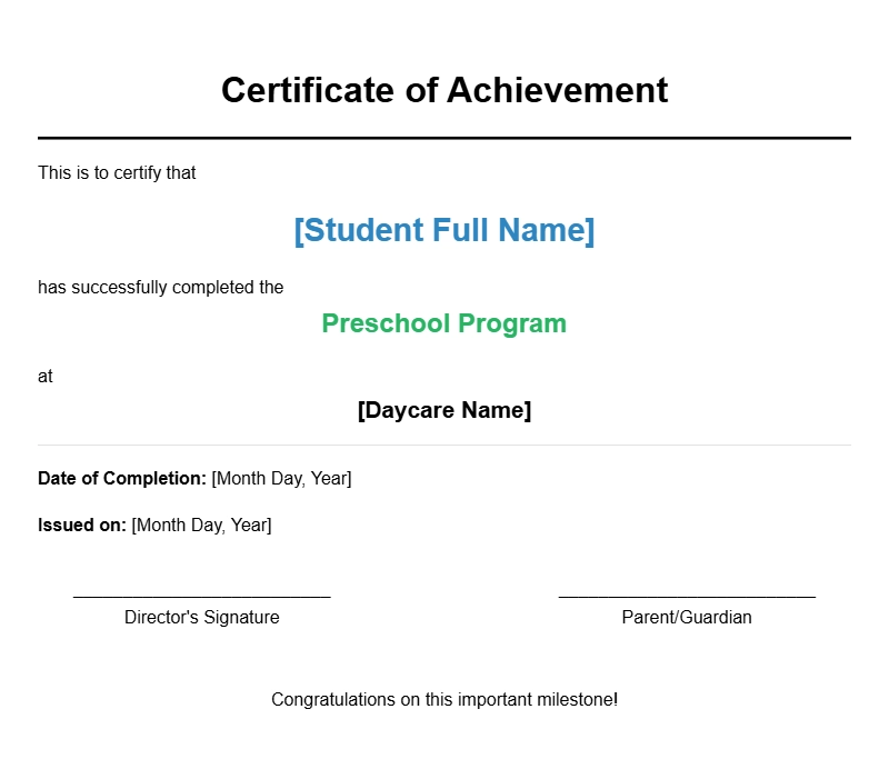 Sample Daycare Student Certificates for Recognition and Records