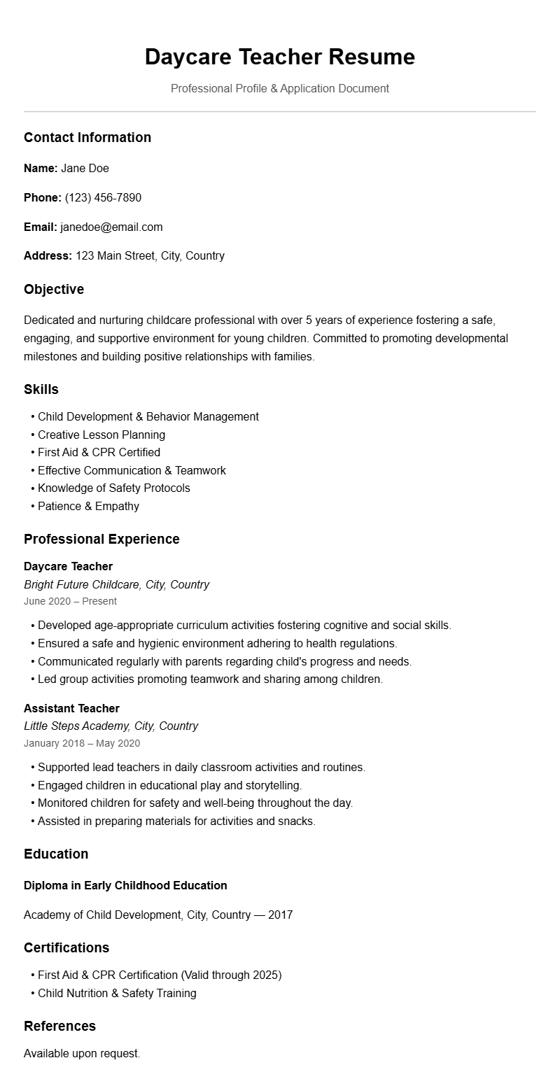 Professional Daycare Teacher Resume Templates for Your Job Search