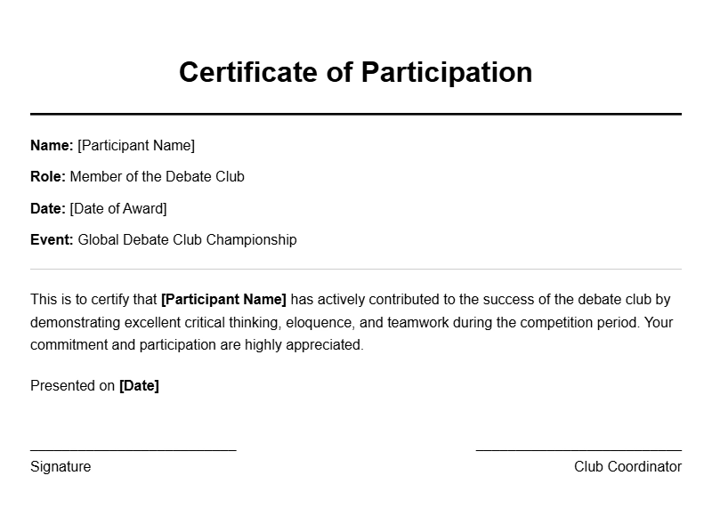 Sample Debate Club Member Certificates for Recognition