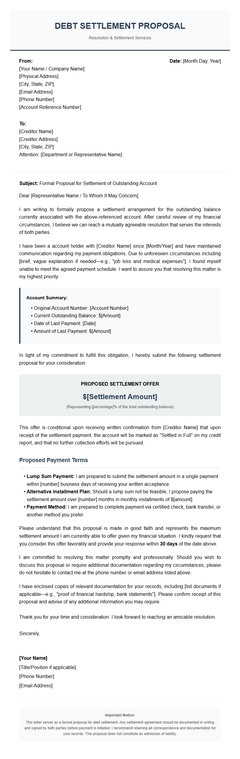 Free Debt Settlement Letter Templates for Negotiation