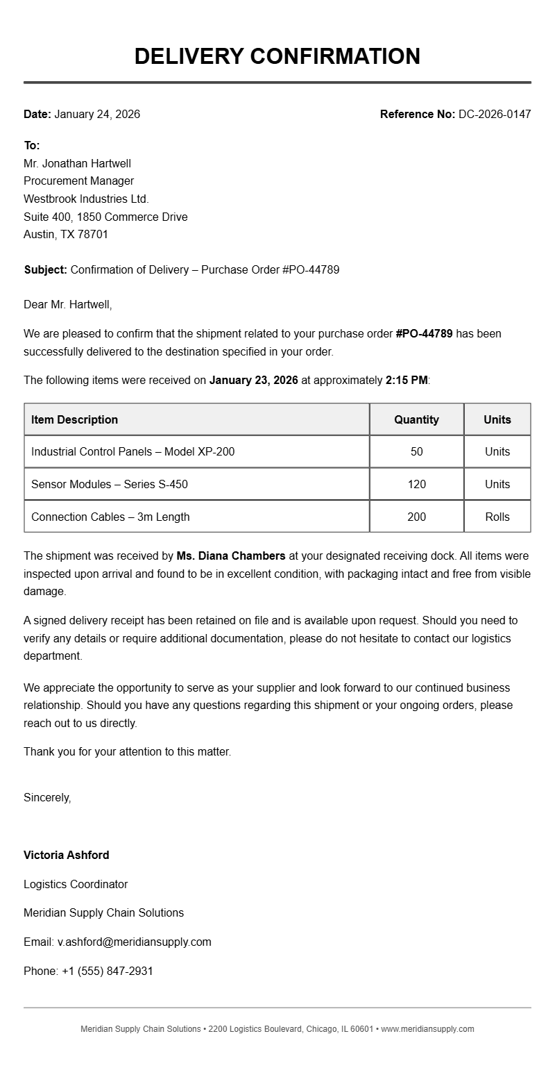 Delivery Confirmation Letter Samples