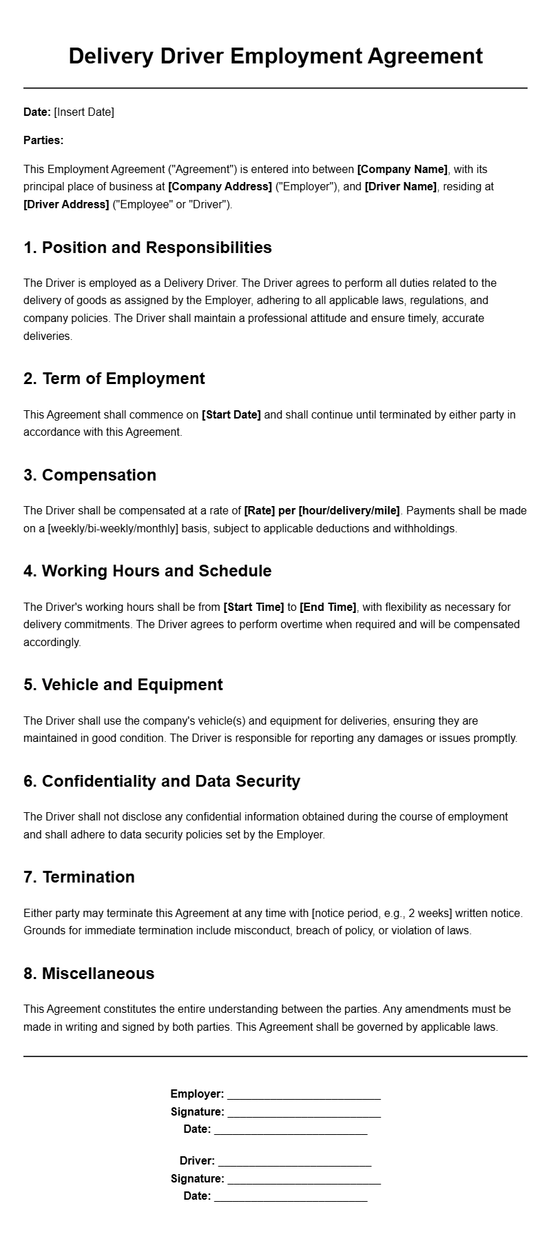 Delivery Driver Employment Agreement Templates for Employers