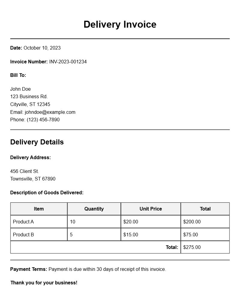 Delivery Invoice Samples for Your Business Needs
