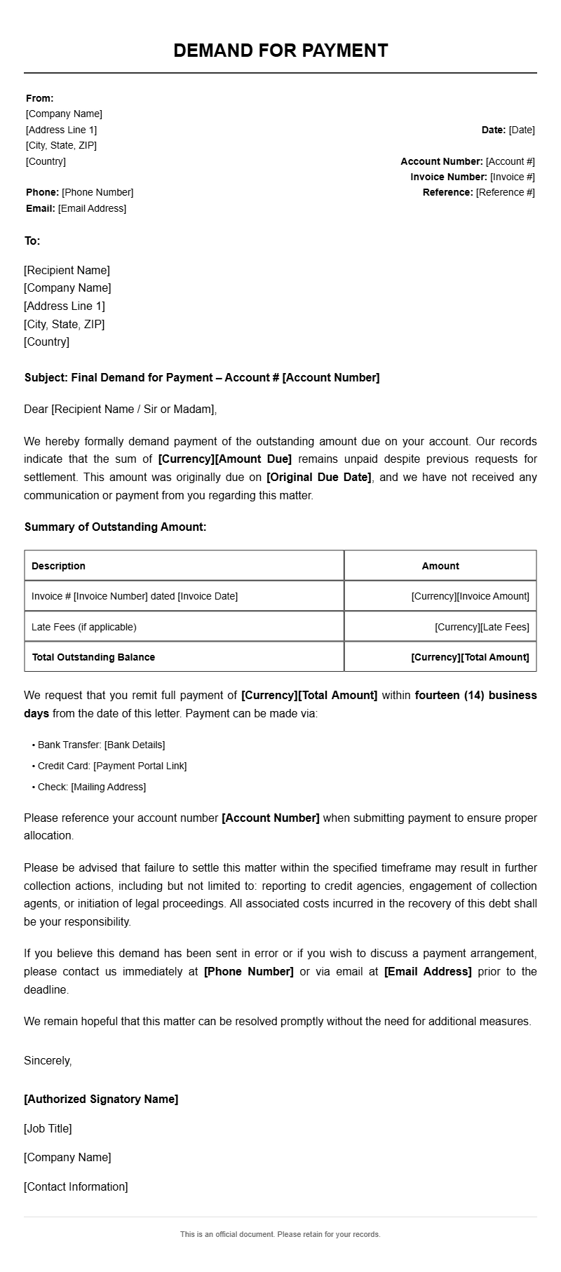 Free Demand Payment Letter Templates