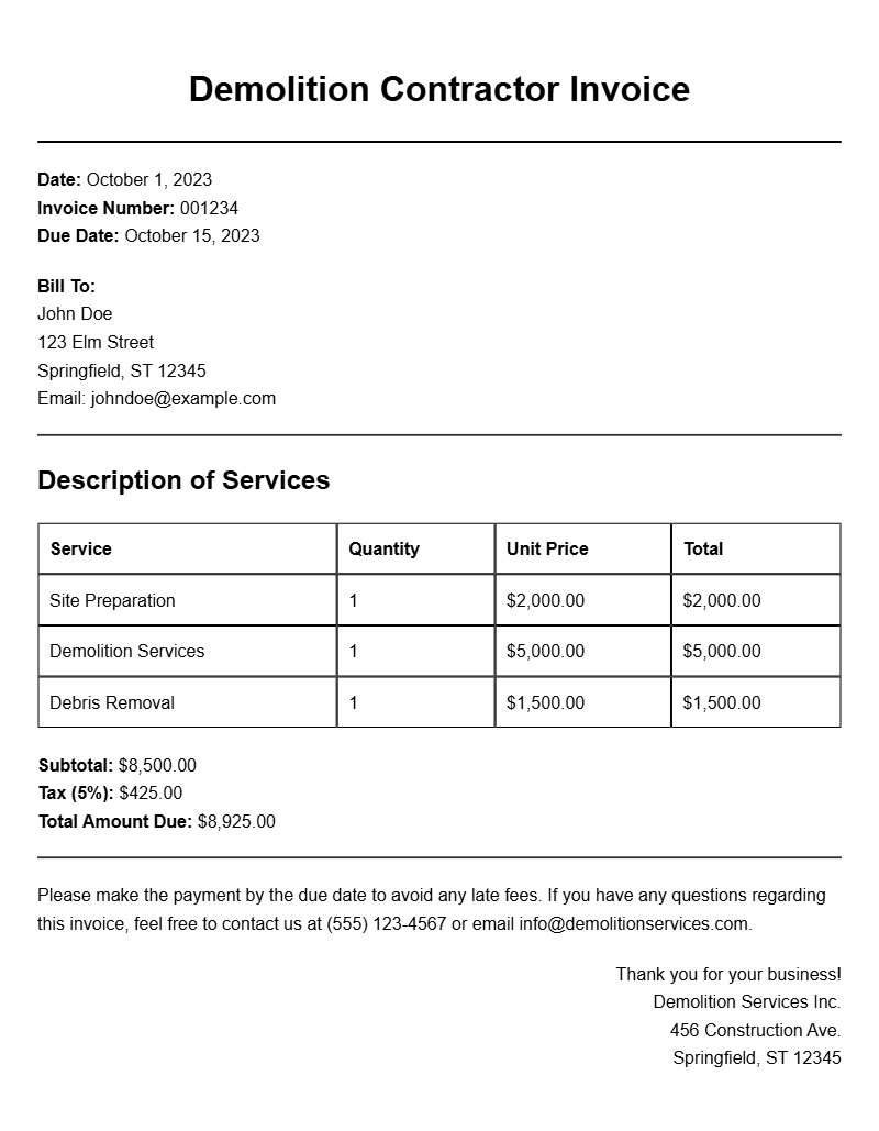 Demolition Contractor Invoice Samples for Your Business Needs
