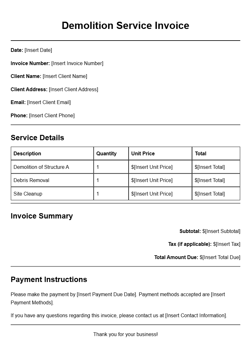 Demolition Service Invoice Templates for Easy Billing