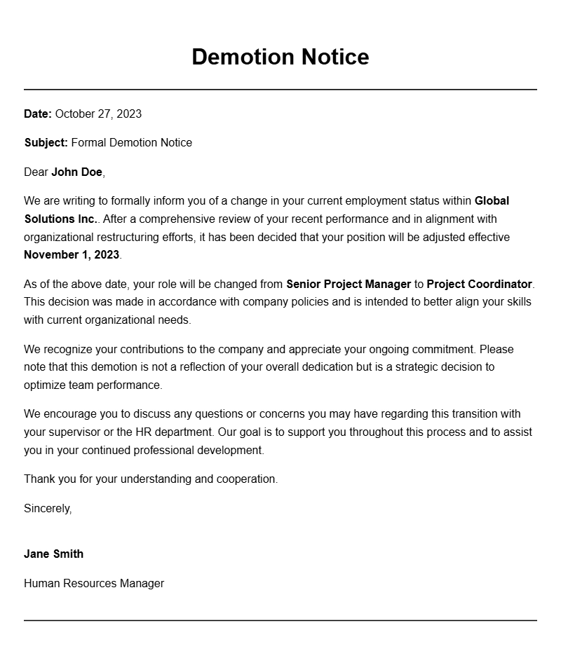 Effective Demotion Letter Samples for Various Situations