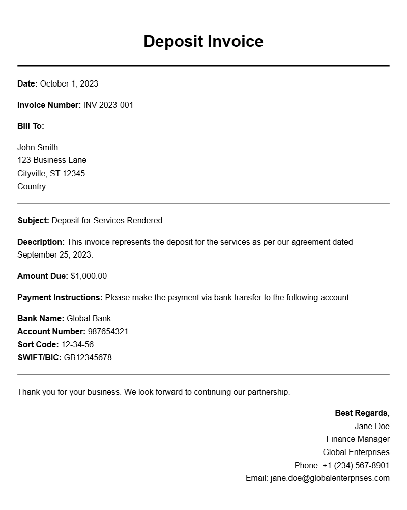 Deposit Invoice Samples for Effective Billing Practices