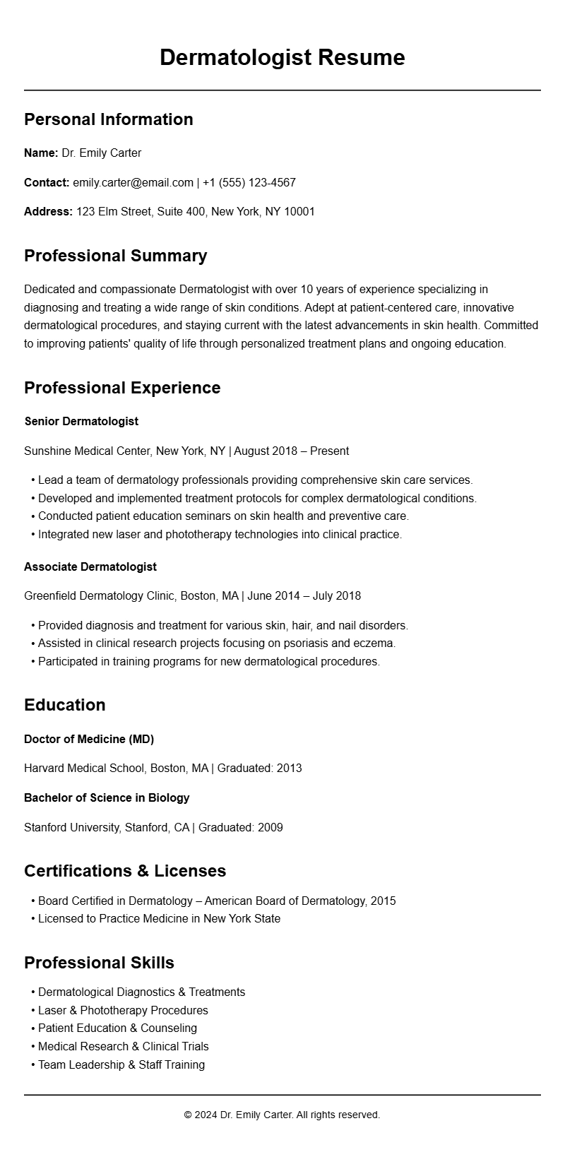 Dermatologist Resume Samples to Showcase Your Expertise