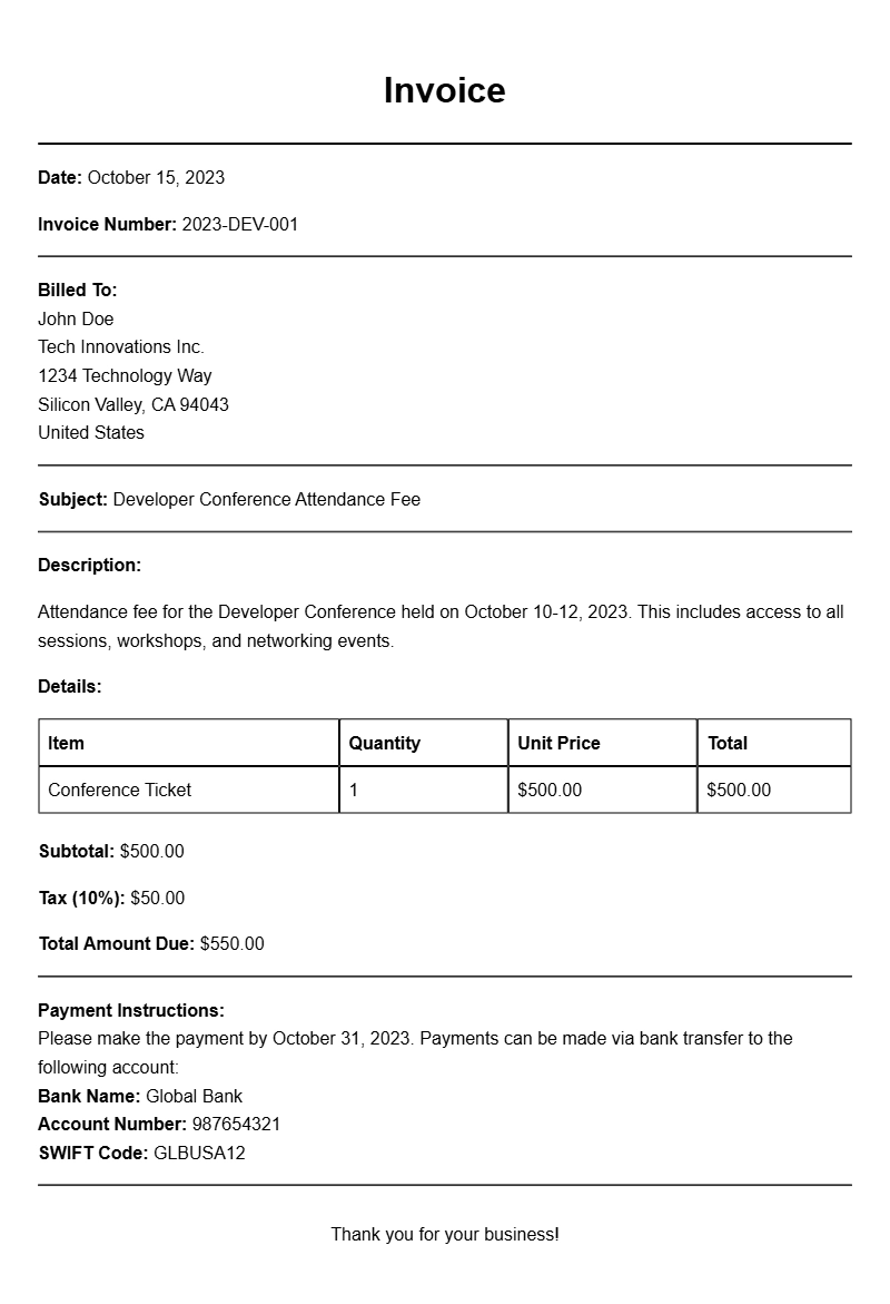 Developer Conference Invoice Samples for Your Reference
