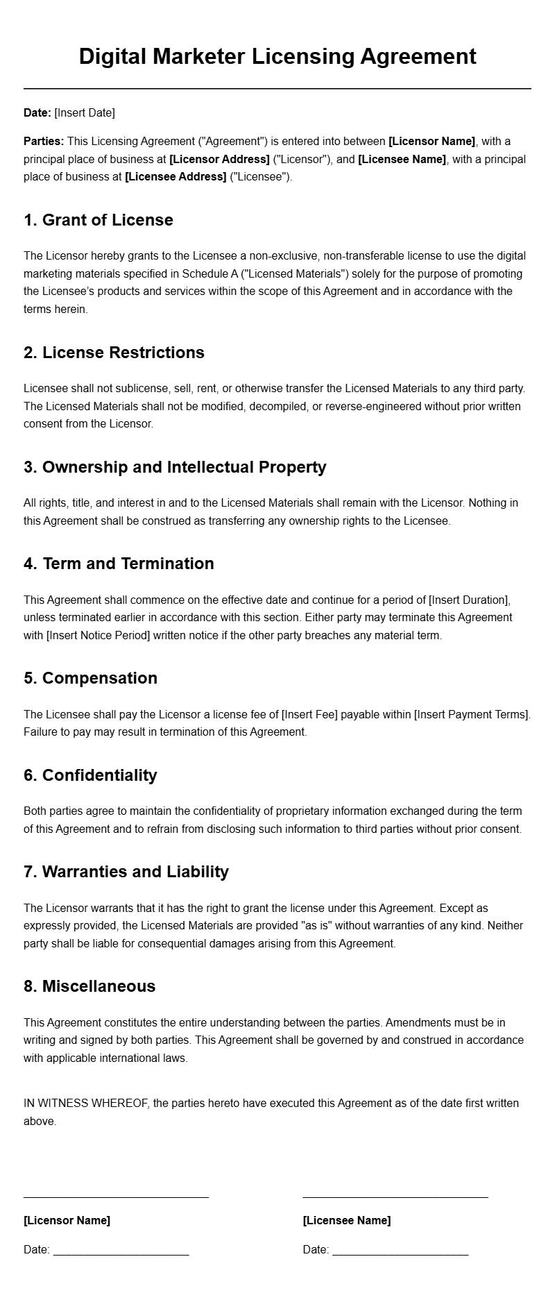 Digital Marketer Licensing Agreement Templates for Business Use