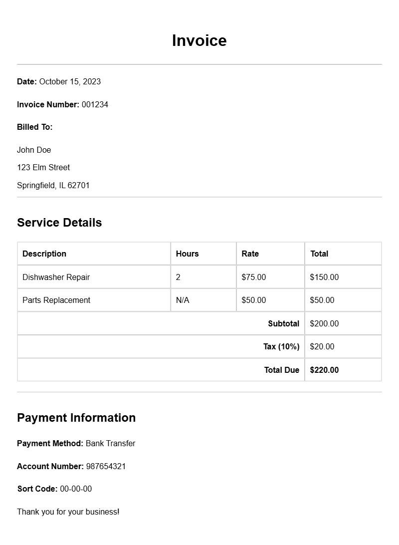 Dishwasher Technician Invoice Samples for Your Business