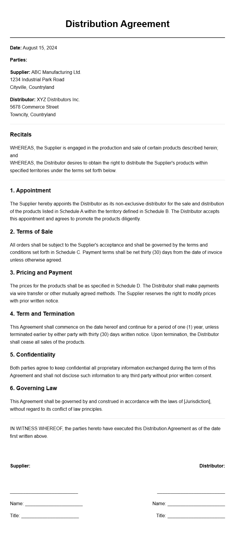 Examples of Distribution Agreement Letter Samples