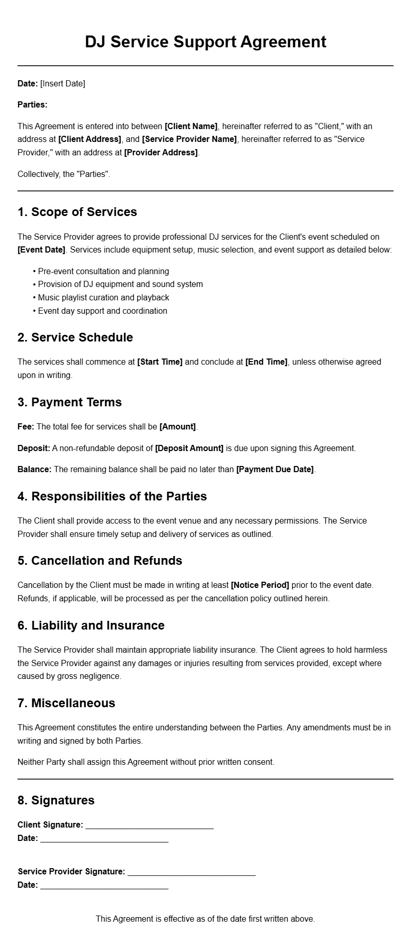 DJ Service Support Agreement Templates for Reliable Planning