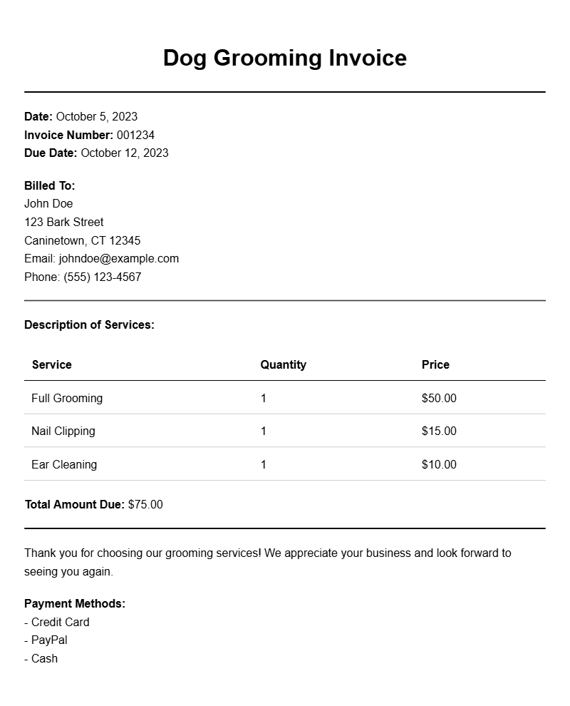 Dog Groomer Invoice Templates for Easy Billing