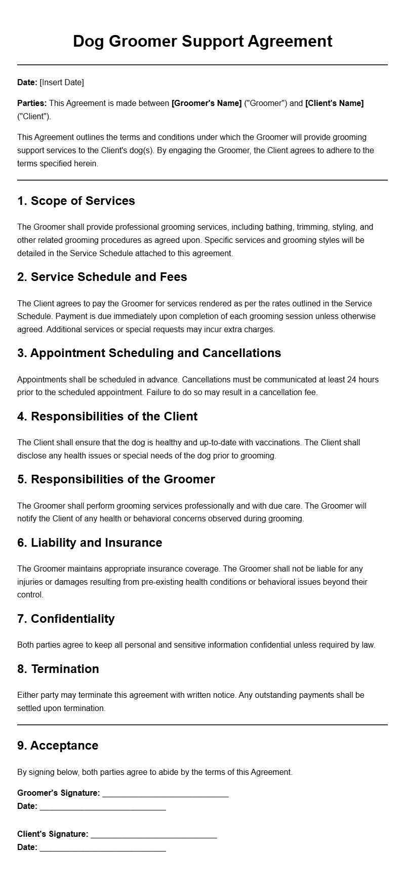 Dog Groomer Support Agreement Templates for Professional Use