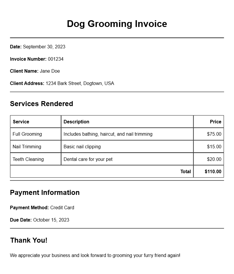 Dog Grooming Invoice Templates for Professional Services