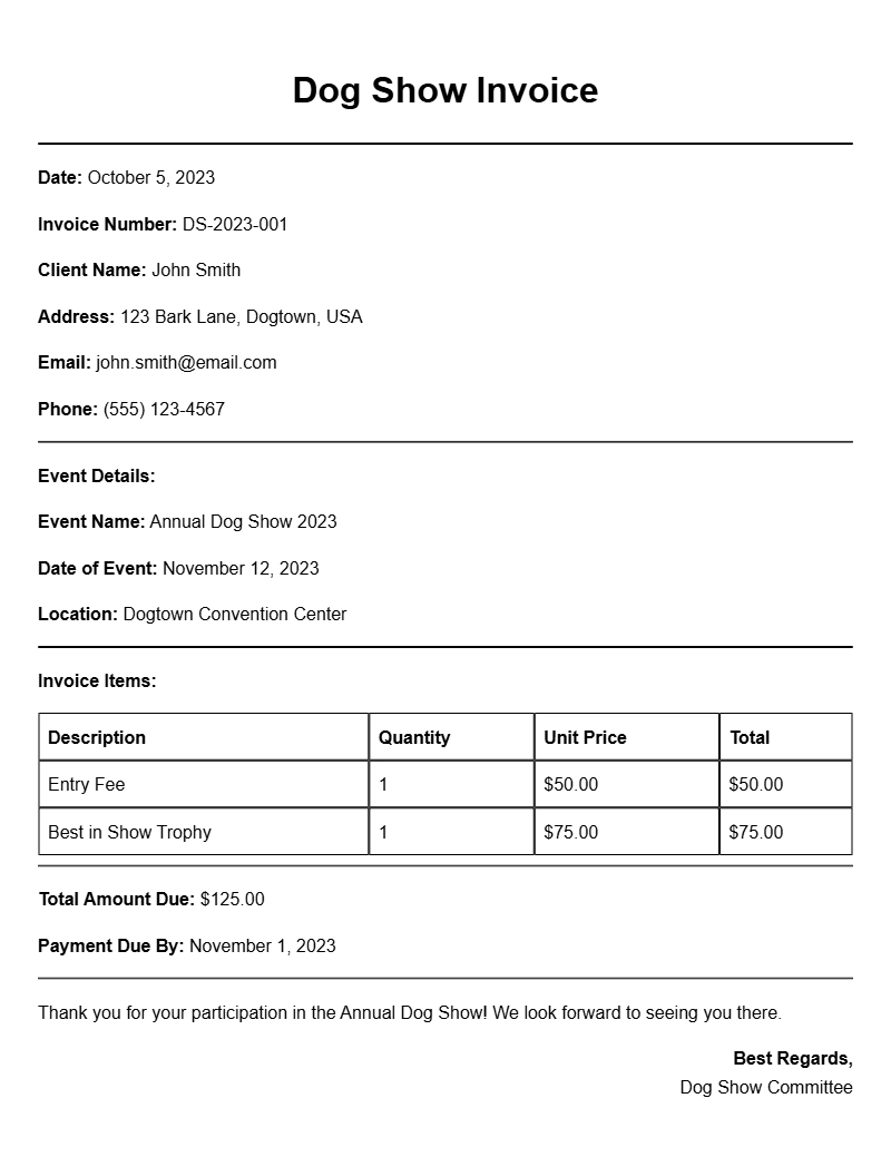 Dog Show Invoice Samples for Pet Professionals