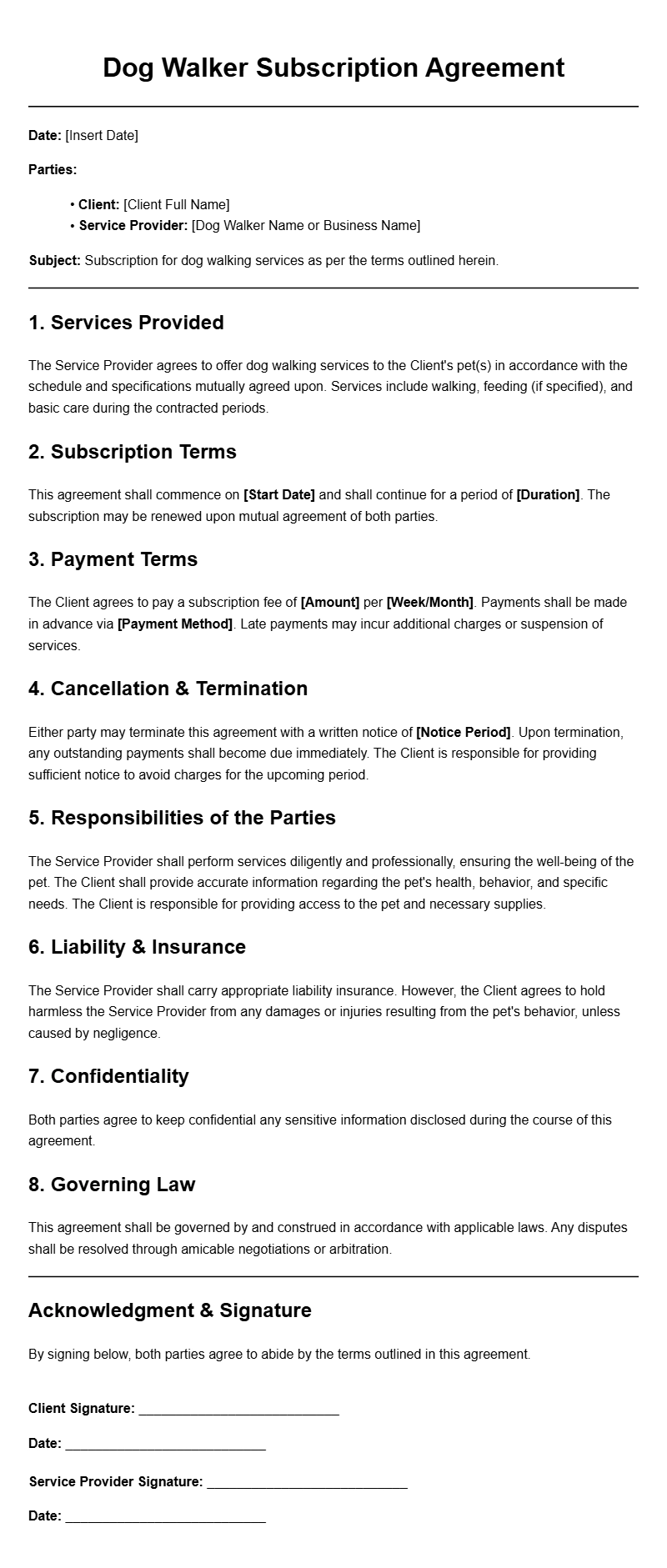 Dog Walker Subscription Agreement Templates for Smooth Contracts