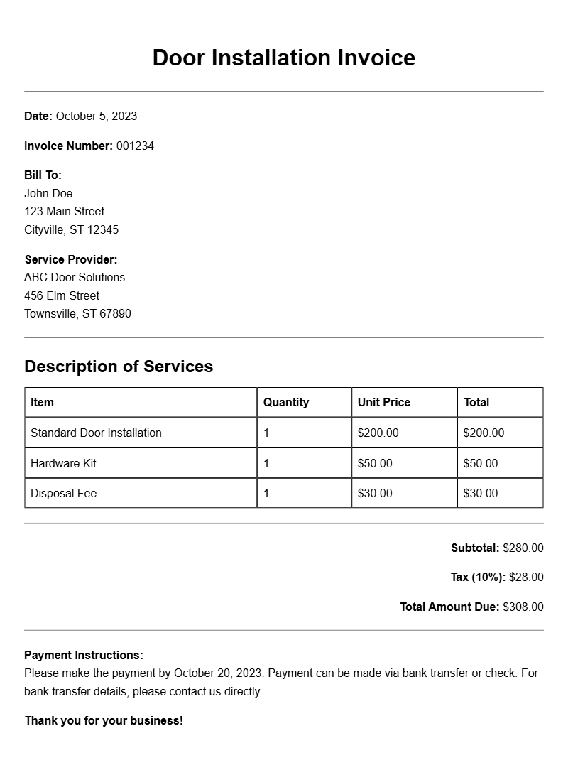 Door Installation Invoice Samples for Your Business Needs