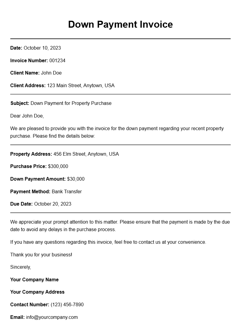 Down Payment Invoice Samples for Easy Reference