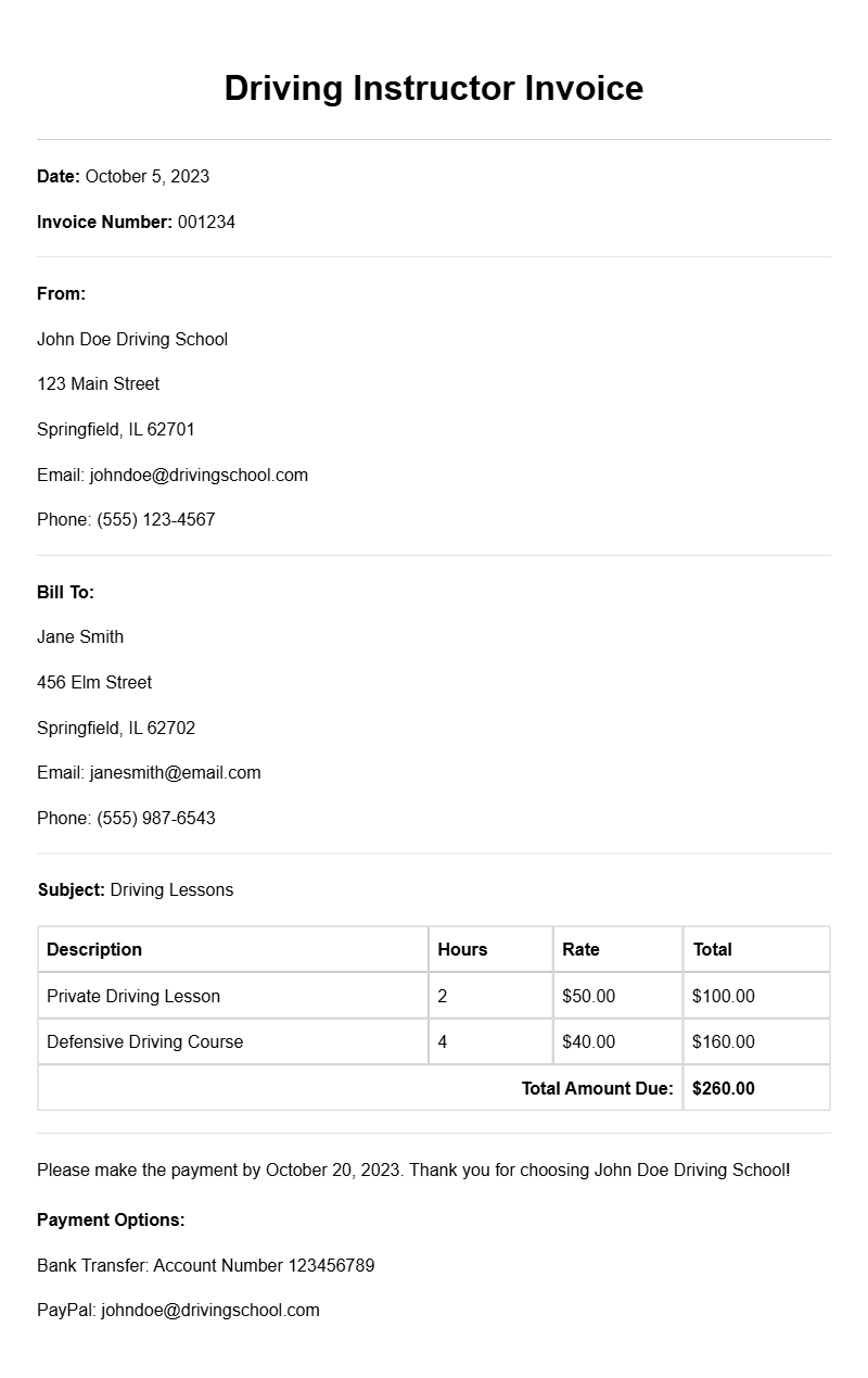 Driving Instructor Invoice Samples for Your Business Needs