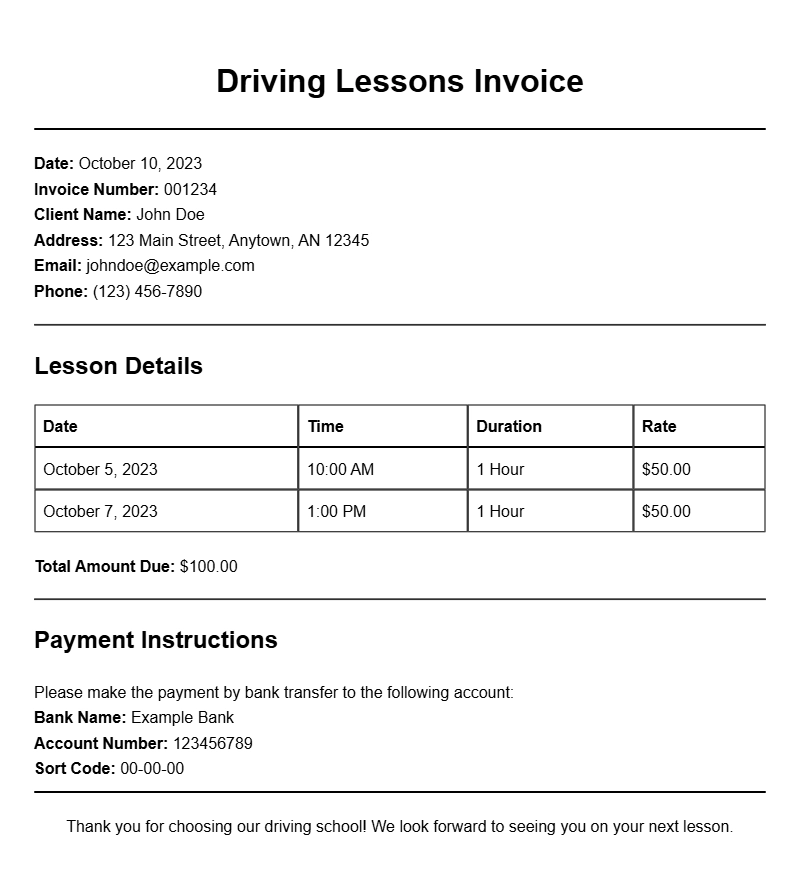 Driving Lessons Invoice Samples for Your Business Needs