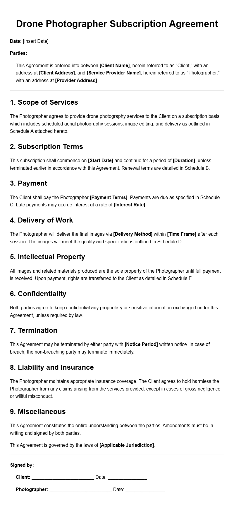 Drone Photographer Subscription Agreement Templates