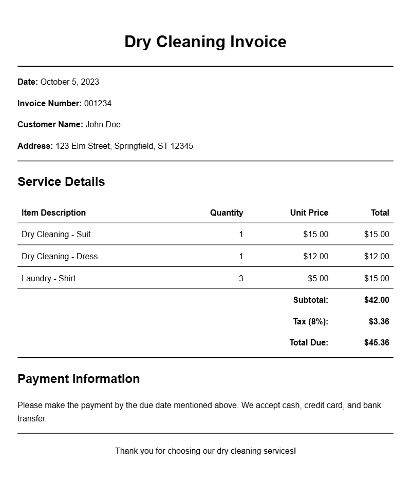 Dry Cleaning Invoice Samples for Your Business Needs