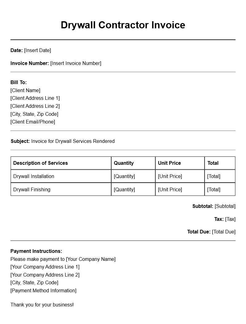 Drywall Contractor Invoice Templates for Easy Billing