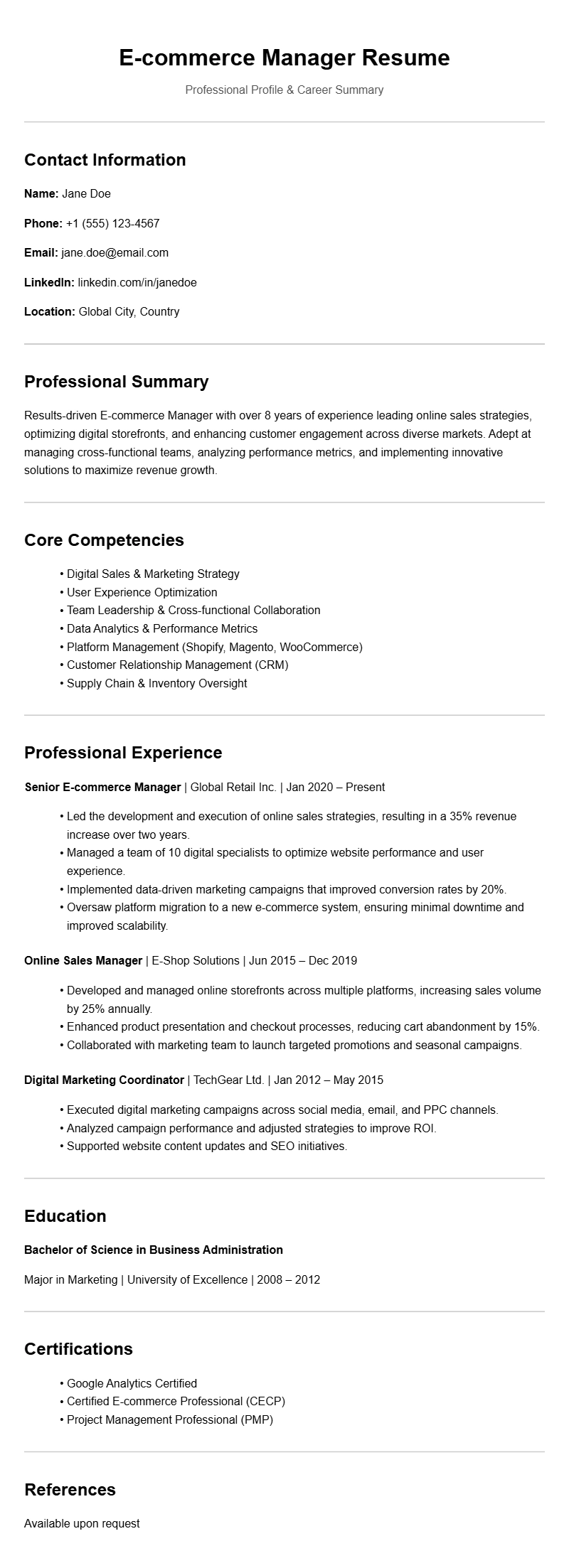 E-commerce Manager Resume Templates for a Strong Application